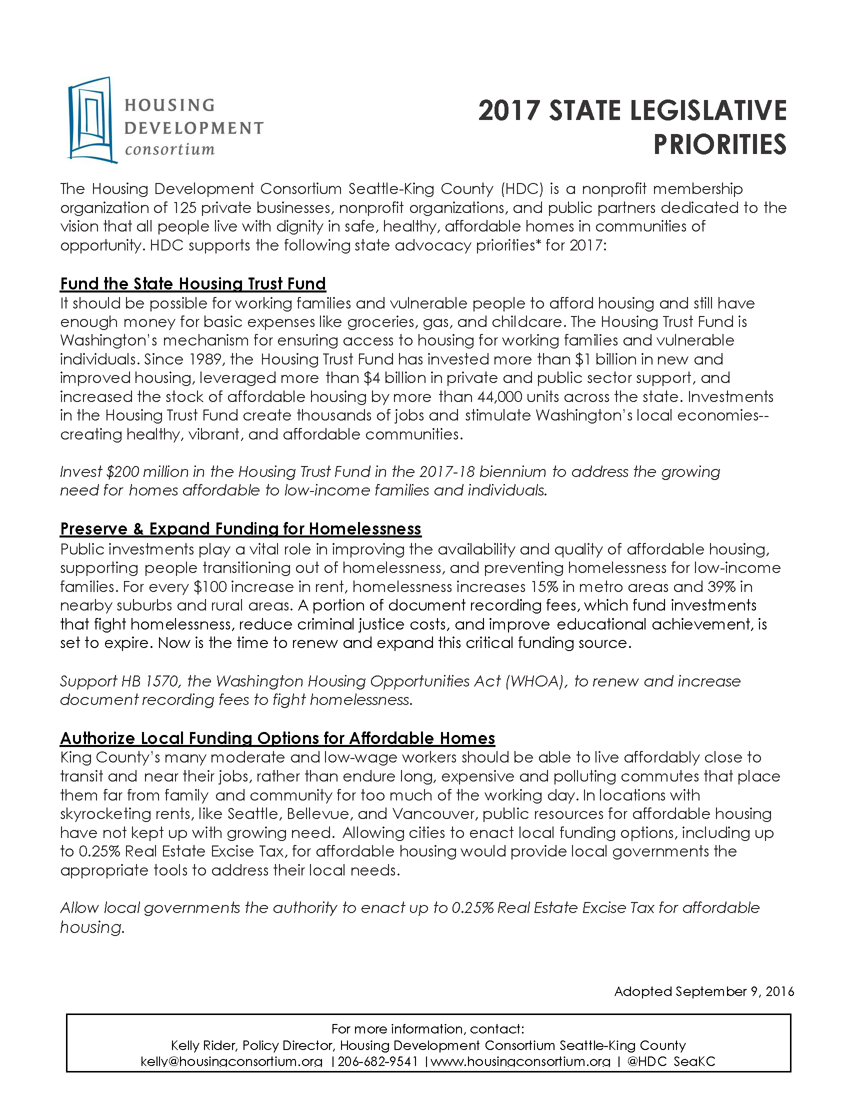 2015 Advocacy Priorities - Housing Development Consortium